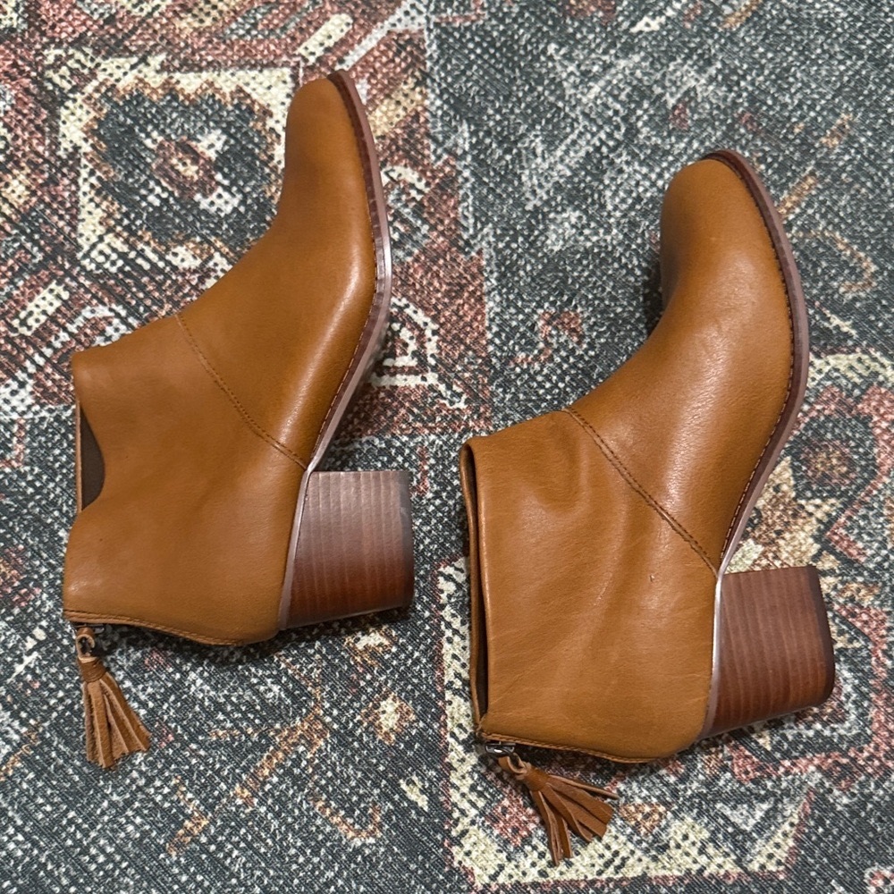 Toms Tan Carpe Diem Ankle Booties with Tassel Zipper Closure